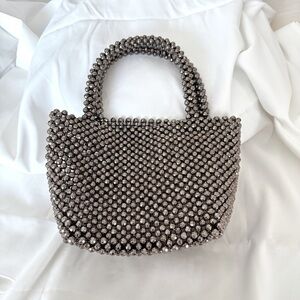Beaded Top-Handle Tote Bag in Metallic Gray